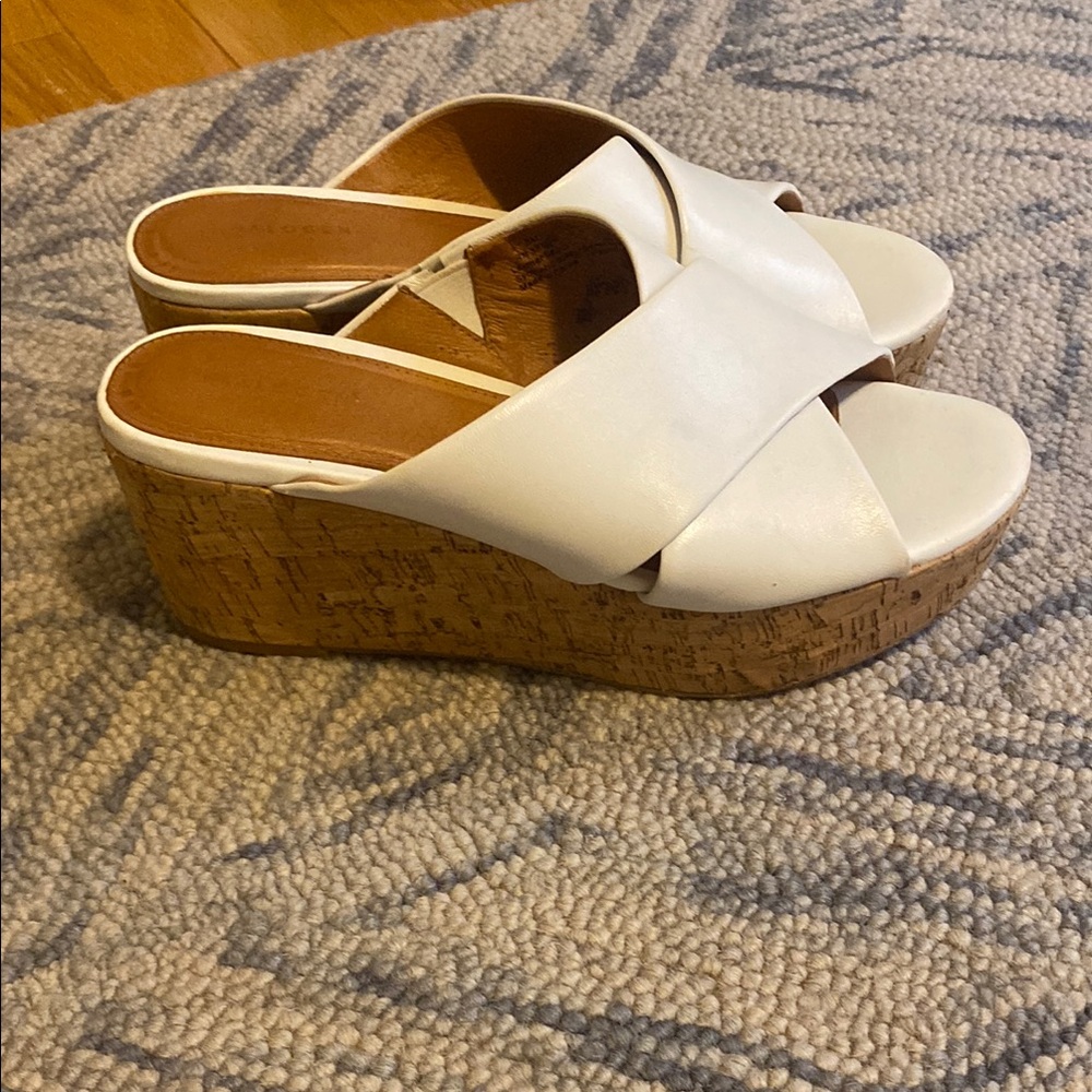 Halogen White and Brown Wedge Sandals with Slip-On Design